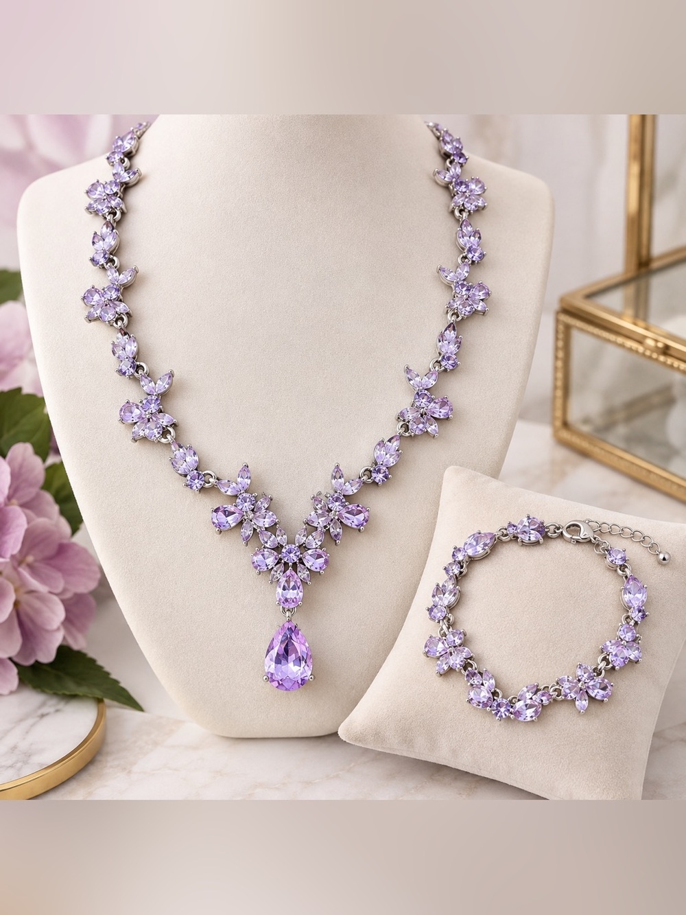 Lavender Crystal Floral Necklace & Bracelet Set Purple Statement Jewelry